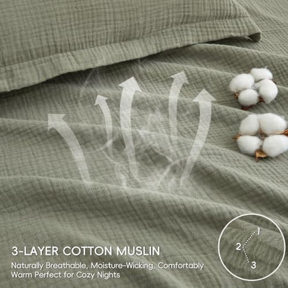 PHF 100% Cotton Muslin Duvet Cover King Size 3-Layer, 104"x90", Dusty Sage