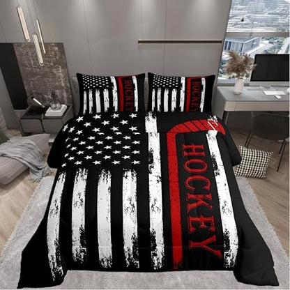 Castle Fairy Hockey Comforter Set American Flag with Red Hockey Stick Bedding Set for Kids Girls Women Adults Sports Comforter Retro Quilted Duvet Set Bedroom Collection Twin Size 2Pcs