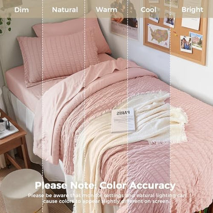 HYMOKEGE Rose Gold Twin Comforter Set Seersucker 5 Pieces, All Season Luxury Bed in a Bag Queen for Bedroom, Bedding Set with Comforter, Sheets, Pillowcase & Sham