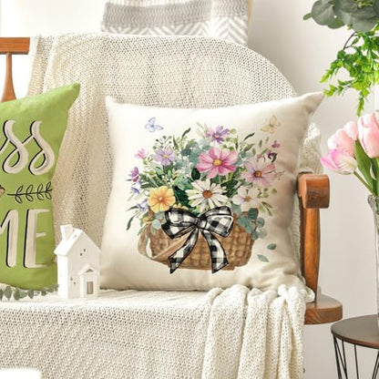 AVOIN colorlife Bless Our Home Eucalyptus Leaves Throw Pillow Covers, 18 x 18 Inch Spring Truck Cushion Case for Home Sofa Couch Set of 4