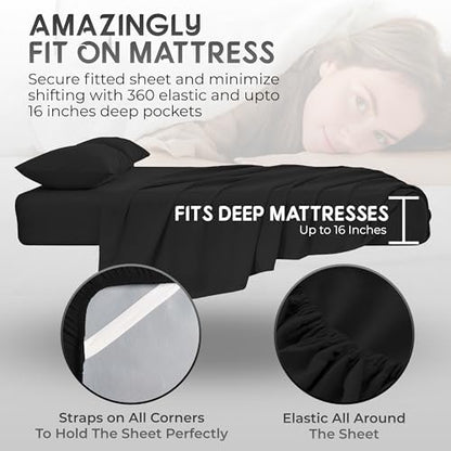 Top Split Flex Head California King Size Sheet Set - Egyptian Quality Ultra-Soft Bed Sheets - Double Brushed - Deep Pockets- Easy Fit - 4 Piece Set- Fade Resistant (Black)