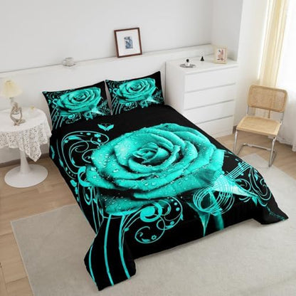 Feelyou Teal Rose Floral Comforter Set Full Size Boys Girls Teens