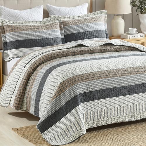 Finlonte 100% Cotton Queen Size Quilt Set, Patchwork Striped Queen Quilt Bedding Set Farmhouse Bedspread, Lightweight Quilted Comforter Reversible Bed Spread for All Season, White/Brown/Grey, 3 Pieces