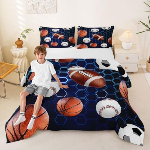 Erosebridal Boys Soccer Bedding King Size, Basketball Football Comforter Set for Kids Girls Teenage Men, Rugby Baseball Quilt Blue Hexagon Honeycomb Bedding Comforter Sets Football Gifts for Boys