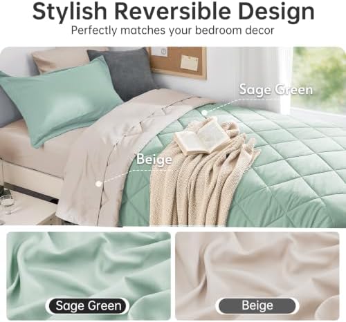 MUXHOMO 5 Pieces Twin XL Comforter Set, Reversible Bed in a Bag Twin XL Size, All Season Bedding Set with Comforter, Flat Sheet, Fitted Sheet, Pillowcases & Shams, Sage Green & Beige