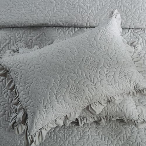 DJY Grey Quilts Queen Size - Ruffled Lightweight Soft Queen Quilt, Reversible Coverlet Bedding Set for All Season 3 Piece (1 Quilt, 2 Pillow Shams)