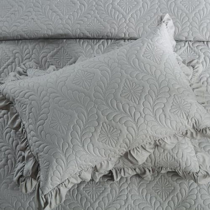 DJY Grey Quilts Queen Size - Ruffled Lightweight Soft Queen Quilt, Reversible Coverlet Bedding Set for All Season 3 Piece (1 Quilt, 2 Pillow Shams)