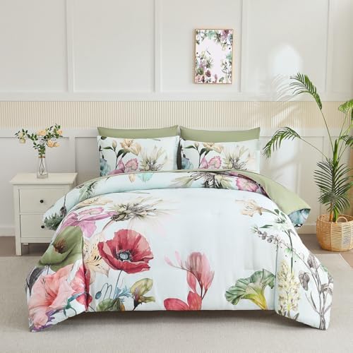 Yogeneg King Size Comforter Set 7 Piece Bed in a Bag,Elegant Floral Botanical Pattern Green Bedding Set,Soft Microfiber Comforter with Sheet Set,All Season Bed Set(Green Floral,King)