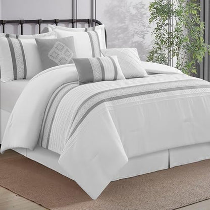 LANCO MODERN LIFESTYLE 7 Piece Comforter Set, Grey White, Queen Size, Boho Style Geometric Microfiber Embroidery, Bed in a Bag with Bedskirt, Pillow Shams and Decor Pillows