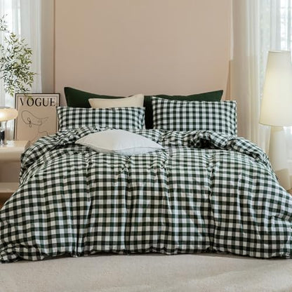 JIYUAN Queen Washed Cotton Duvet Cover Set, 3-Piece, Large Gingham