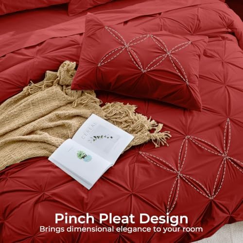 Sasttie Queen Comforter Set, 7-Piece Bed in a Bag, Pintuck Bedding Sets for All Season, Includes Comforter, Flat Sheet, Fitted Sheet, Pillowcases and Pillowshams, Red