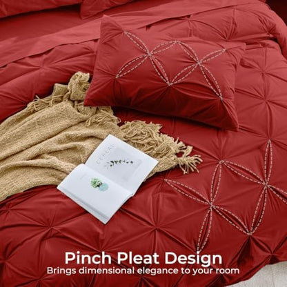 Sasttie Queen Comforter Set, 7-Piece Bed in a Bag, Pintuck Bedding Sets for All Season, Includes Comforter, Flat Sheet, Fitted Sheet, Pillowcases and Pillowshams, Red