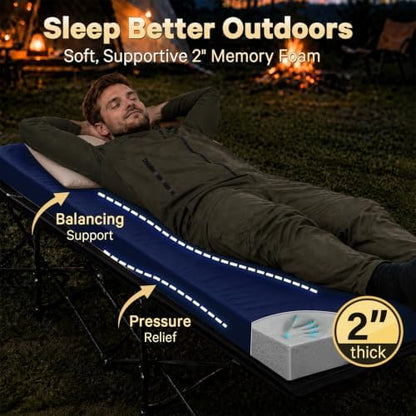 CYMULA Camping Cot Pad 2 Inch Memory Foam, Pad Only,Camping Pad for Folding Cot and Foldable Cot, Portable Roll Up Camp Gear for Car Camping Travel Tent, Non-Slip Waterproof Bottom, Removable Cover
