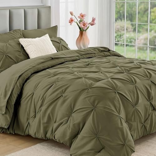 JOLLYVOGUE Twin Comforter Set 5 Pieces - Bed in a Bag Twin for All Season, Pintuck Bedding Comforter Sets with Comforter, Flat Sheet, Fitted Sheet and Pillowcases & Shams, Olive Green