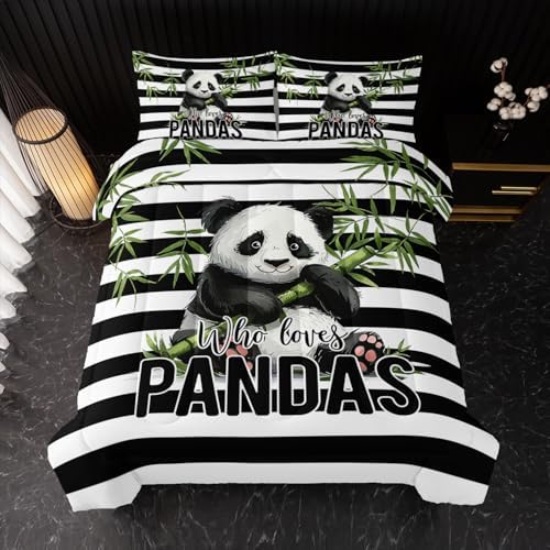 Nttopship Kawaii Panda Bedding Set - Striped Animal Theme Comforter for Girls, Kids, Teens Panda Bedding Set King Size Comforter with 2 Pillowcases