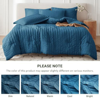MUXHOMO 5 Pieces Twin XL Comforter Set, Seersucker Bed in a Bag Twin XL Size, All Season Luxury Bedding Set with Comforter, Flat Sheet, Fitted Sheet, Pillowcase & Sham, Teal