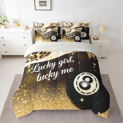 Erosebridal Y2K Lucky 8 Ball King Bedding Set 7 Piece for Boys Girls Preppy Fashion Leopard Bowknot Comforter Set for Kids Adults,Golden Glitter Print Bed in A Bag Funky Trendy Aesthetic Bed Set