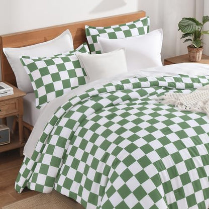 Andency Checkered Comforter Queen, Green White Gingham Plaid Bedding Set