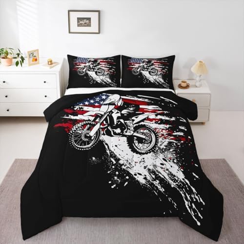 Feelyou Dirt Bike Rider Bedding Set Soft for Boys Girls, Splatter Print Comforter Set Queen Off-Road Racing Duvet Quilt Microfiber Outdoor Sports Bedroom Decor Motocross Art 3 Pcs with 2 Pillow Cases