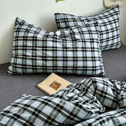 LifeTB 3 Pieces Plaid Comforter Set Full Size, Soft Fluffy Vintage Plaid Checkered Comforter with 2 Pillowcases, Lightweight Breathable Grey Black Gingham Bedding Comforter Farmhouse Grid Bedding Set