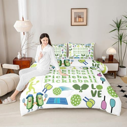 Castle Fairy Funny Pickleball Comforter Set Full Size American Modern Sports Bedding Set Kids Boys Girls Cartoon Athlete Silhouette All Season Quilt Set Geometric Balls Bedding Comforter Sets,3Pcs