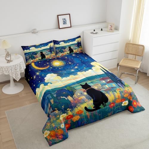 Flower Cat Comforter Set Toddler Size,Swirl Starry Sky Moon Bedding Set for Kids Girls Boys Adults Room Decor,Blossom Flower Rustic Style Duvet Insert 2Pcs,Nature Scenery Quilt Set,1 Pillowcase