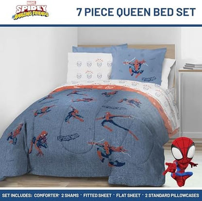 Marvel Spiderman Queen Comforter Set 7 Piece Bedding for Boys, Blue