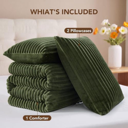 HYLEORY Fluffy Queen Comforter Set 3 Pieces - Fleece Fluffy Soft & Warm Plush Olive Green Comforter Sets, Luxury Fuzzy Bedding Sets, All Season Heavy Bed Set Queen Size with 2 Pillowcases
