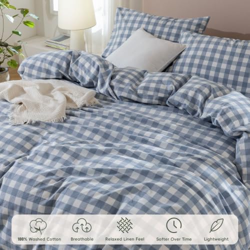 JIYUAN Full Washed Cotton Duvet Cover Set, 3-Piece, Large Gingham