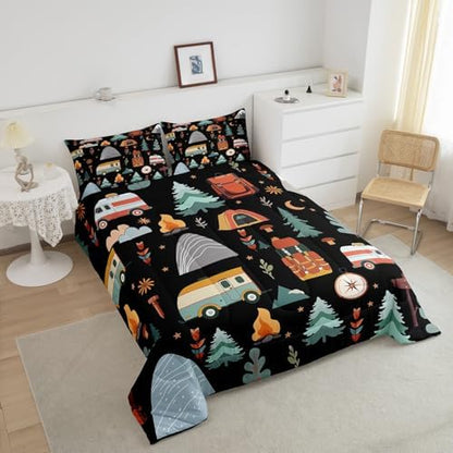 Feelyou Happy Camping Comforter Set for Kids Boys Girls Toddler Size Outdoor Travel Bedding Set Ultra Soft Travel Trailers Themed Duvet Quilt Travel Bag Tent Print Comforter Camping Gifts Duvet Quilt