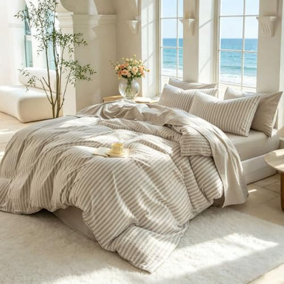 Striped Duvet Cover Set Queen Size 3 Piece 100% Washed Cotton Linen Like Textured Bedding Comfy Breathable (Queen, Double Stripe-Beige/White)