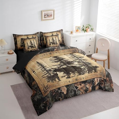 Erosebridal Tree Camo Cabin Comforter Set Queen 7 Piece Rustic Farmhouse Bedding Sets with Sheets Camouflage Hunting Wildlife Bear Bed in A Bag for Boys Teen Men,Woodland Pine Tree Animal Bed Set