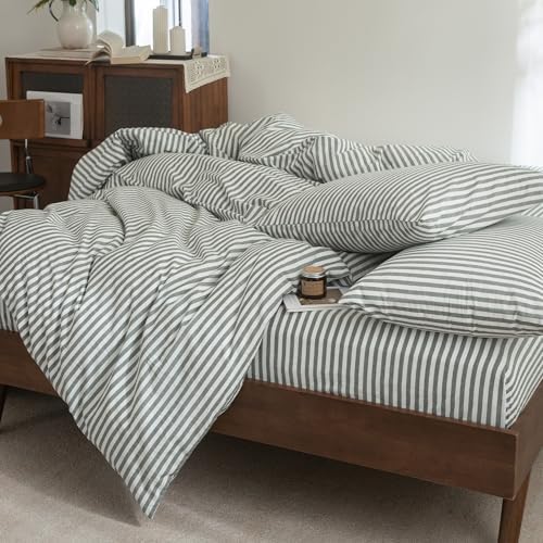 FOSSA Striped Duvet Cover Set 100% Washed Cotton Linen Feel King
