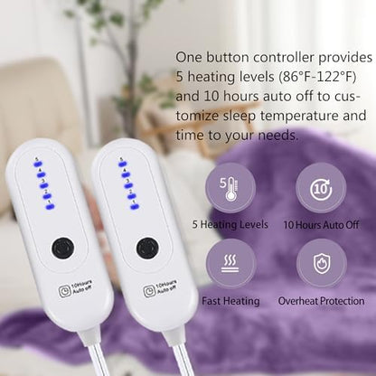 Electric Blanket Queen Size, Soft Cozy Flannel Sherpa Queen Heated Blanket Dual Control with 5 Heating Levels & 10 Hours Auto Off, Machine Washable Heating Blanket, 84" x 90", Lavender Violet