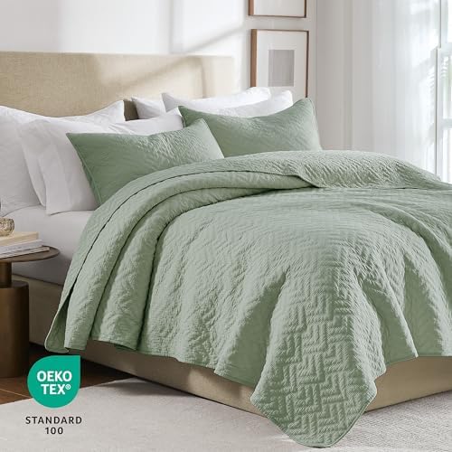 palassio Sage Green 100% Cotton Quilt Twin Size Bedding Sets with 1 Pillow Sham, Lightweight Textured Farmhouse Country Bedspread Soft Shabby Chic Patterned Coverlet for All Season, 2 Pieces