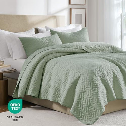 palassio Sage Green 100% Cotton Quilt Twin Size Bedding Sets with 1 Pillow Sham, Lightweight Textured Farmhouse Country Bedspread Soft Shabby Chic Patterned Coverlet for All Season, 2 Pieces