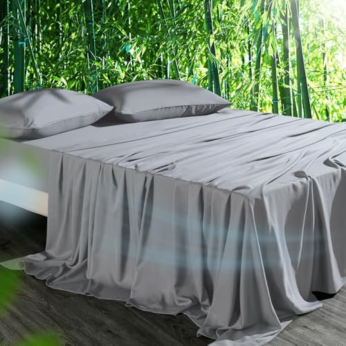 Cooling Sheets Set Cal King Size, Viscose Derived from Bamboo for Hot Sleepers | Deep Pocket Up to 16 Inch | Silky Soft & Breathable Bedding - 4PC (Cal King, Light Grey)