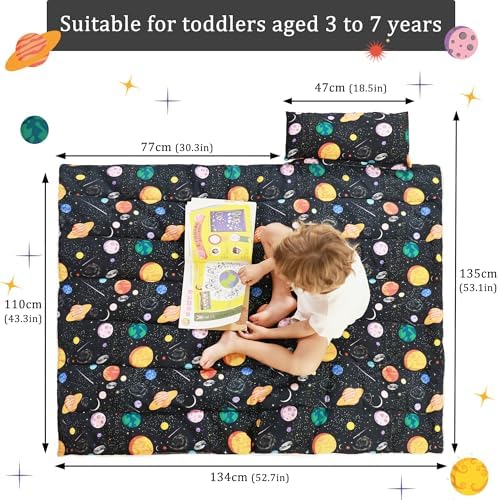Toddler Nap Mat for Preschool 50''x30'' Sleeping Mat with Removable Pillow and Minky Blanket for Kids Ages 3-7 Roll Up Soft Sleeping Bag for Boys Girls Kindergarten Daycare Sleepover