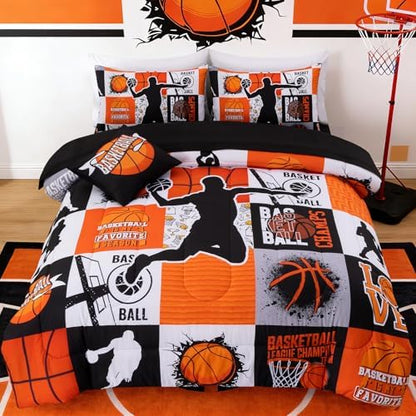Aimuan Sports Geometric Grid Black Patchwork Basketball Printed for Boys Full 6Pcs Bed in A Bag Comforter Bedding Set (Orange, Full 6Pcs)