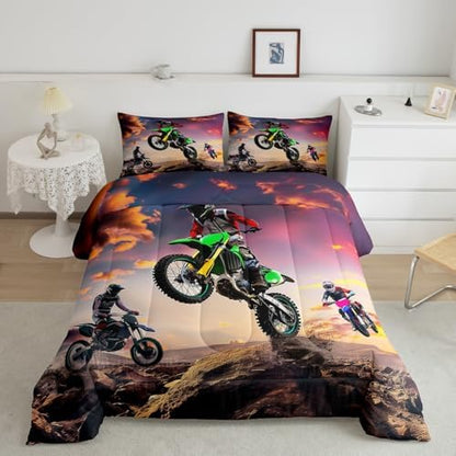 Dirt Bike Comforter Set for Boys Bedroom Motocross Rider Extreme Sports Duvet Insert Mountain Bike Bedding Quilted Set Kids Motorcycle Motorbike Down Comforter,Soft Lightweight for All Season,Full