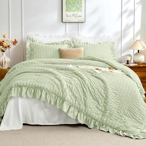 JOLLYVOGUE Sage Green Comforter Full Size, 3 Pieces Seersucker Lightweight Full Size Bedding, All Season Fluffy Microfiber Bedding Comforter Set with 1 Ruffle Comforter and 2 Ruffle Pillowshams