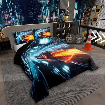 Boys Race Car Bedding Set,Neon Racing Cars Twin Size Comforter Set for Boys Kids Para Niños,Orange Blue Sports Gaming Comforter for Teens,Cool Sci-Fi Extreme Sports Speed Car Quilt for Bedroom Decor