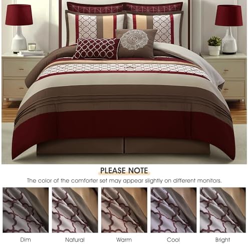 LANCO MODERN LIFESTYLE Queen Comforter Set, Berry Taupe Bedding Set, Jacquard Woven with Embroidery, 8 Pieces Bed in a Bag, Bed Skirt, Shams and Decorative Pillows