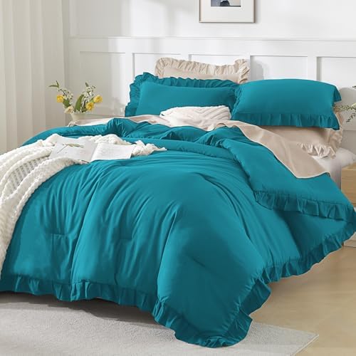 Andency Turquoise King Size Comforter Set, 3 Pieces Solid Farmhouse Bedding