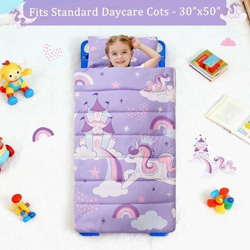 Toddler Nap Mat for Preschool 50''x30'' Sleeping Mat with Removable Pillow and Minky Blanket for Kids Ages 3-7 Roll Up Soft Sleeping Bag for Boys Girls Kindergarten Daycare Sleepover
