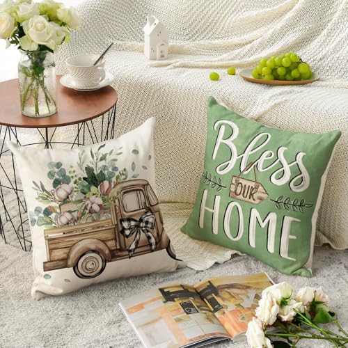AVOIN colorlife Bless Our Home Farmhouse Eucalyptus Leaves Throw Pillow Covers, 16 x 16 Inch Green Truck Home Sweet Cushion Case Decorations Set of 4