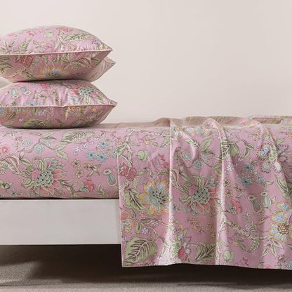 FADFAY Queen Sheet Set 4Pcs 100% Egyptian Cotton Sheets Deep Pocket Soft Breathable Vintage Misty Pink French Country Bedding Shabby Cottagecore Floral Bedding Luxury Hotel Quality for All Seasons