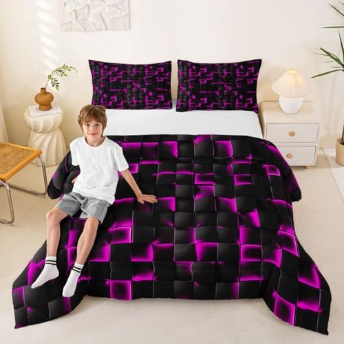 Erosebridal Neon Black Purple Comforter Set Toddler Violet Geometric Checkered Bedding Set for Kids Teen Adults Gaming Room Decor,Abstract Ombre Plaid Comforter Grids Quilt Duvet