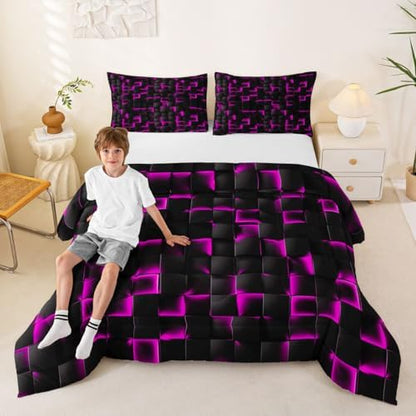 Erosebridal Neon Black Purple Comforter Set King Violet Geometric Checkered Bedding Set for Kids Teen Adults Gaming Room Decor,Abstract Ombre Plaid Comforter Grids Quilt Duvet