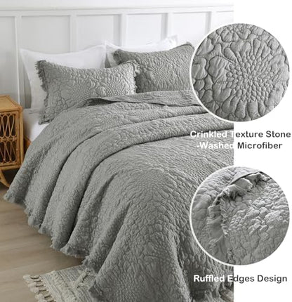 HORIMOTE HOME Dark Grey Ruffled Quilt King Size, Stone-Washed Microfiber Lightweight Crinkled Farmhouse Rustic Shabby Chic Bedding Set, 3 Pieces Reversible Bedspread with Pillow Shams for All Season